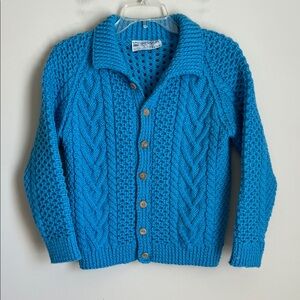 INVERALLAN Hand Knit Fisherman Sweater Cardigan Blue Scotland Wool Women's Small
